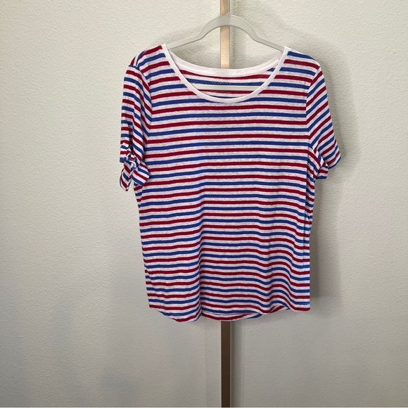Talbots Womens Linen Blend TopStriped Short Sleeve Red White Blue L - Picture 1 of 7